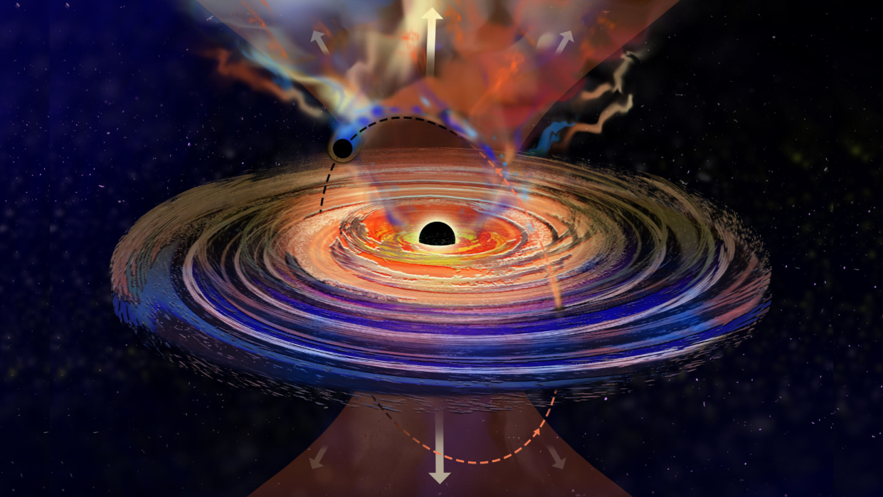  A large black hole has a spinning disk around it. It also has a magnetic field represented as an orange cone on top and bottom of the black hole. A tiny black hole punches in and out through the disk as it orbits the larger one. Plum es from the large disk emerge when the tiny black hole travels. The plumes are especially strong in the magnetic fields. 