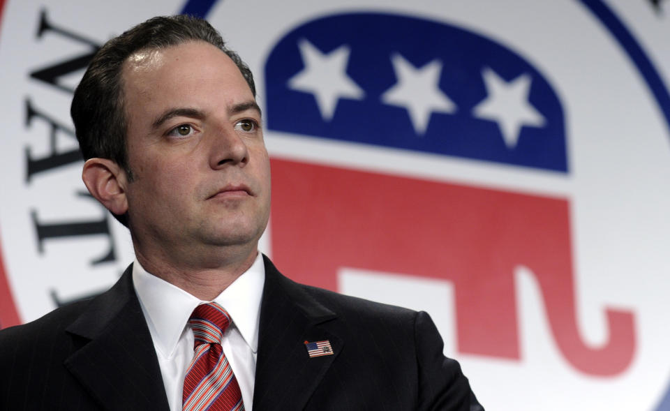 In this Jan. 24, 2014, photo, Republican National Committee chairman Reince Priebus is seen at the RNC winter meeting in Washington. The dueling faces of a conflicted political party were on display for all to see at the just-concluded RNC meeting. The reminder of the divisions comes a year after Priebus published a report aimed at modernizing the party and boosting its ranks, and as Republicans eye their best chance at taking control of both houses of Congress since 2002. (AP Photo/Susan Walsh)