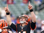 CINCINNATI, OH - NOVEMBER 11: Andy Dalton #14 of the Cincinnati Bengals celebrates following 31-13 win in the NFL game against the New York Giants at Paul Brown Stadium on November 11, 2012 in Cincinnati, Ohio. (Photo by Andy Lyons/Getty Images)