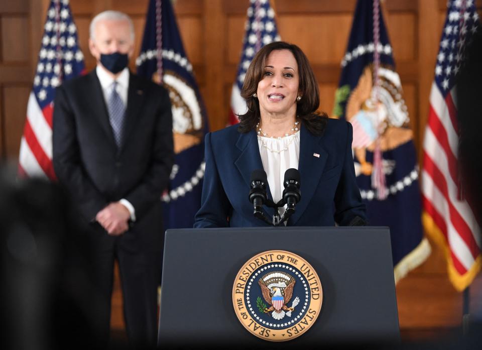 Vice Kamala Harris speaks as President Biden looks on during a meeting  with Asian American and Pacific Islander community leaders in Atlanta on March 19. (Eric Baradat/AFP via Getty Images)