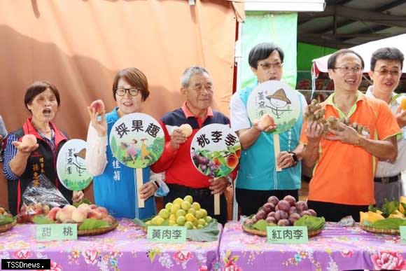 苗栗縣大湖薑麻園桃李開園迎賓副縣長鄧桂菊（左二）力薦好滋味鮮果。（記者江乾松松攝）