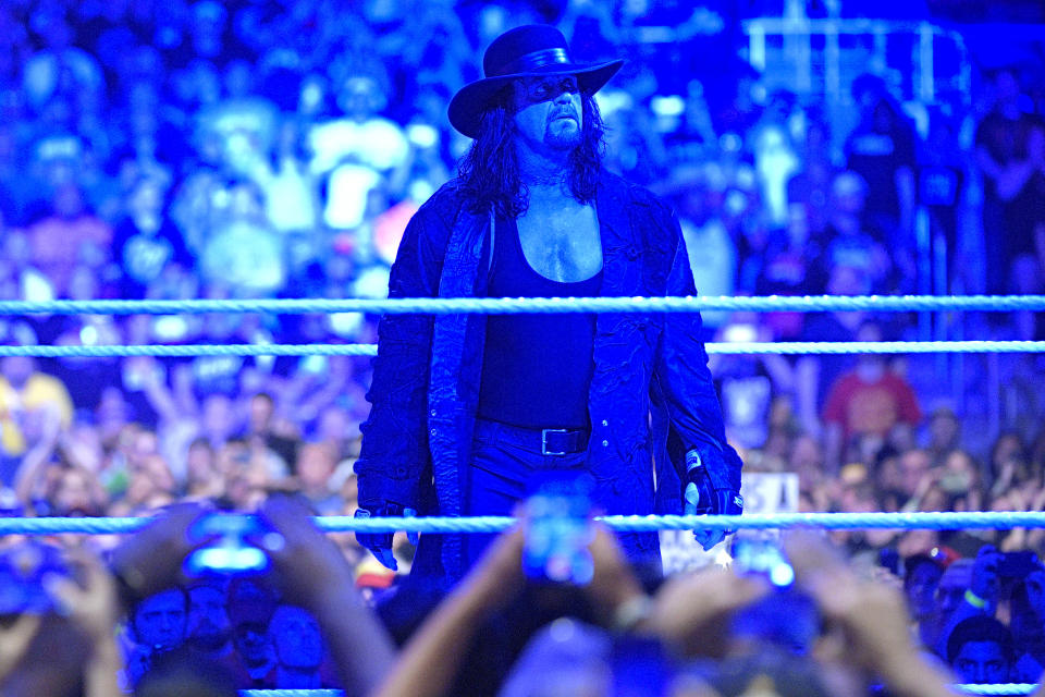 IMAGE DISTRIBUTED FOR WWE - Undertaker gazes at the crowd after what could be his final WrestleMania match on Sunday, April 2, 2017, in Orlando, Fla. (Phelan M. Ebenhack/AP Images for WWE)