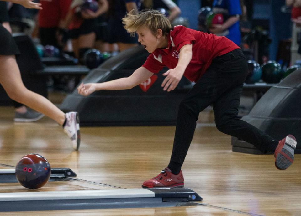 Donaven Kline of Wall. Shore Conference Tournament bowling at Ocean Lanes.   
Lakewood, NJ
Tuesday, February 6, 2024