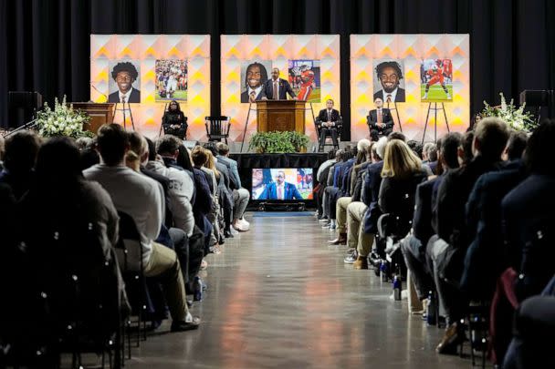 PHOTO: University of Virginia football coach Tony Elliott speaks during a memorial service for three slain University of Virginia football players at John Paul Jones Arena at the school in Charlottesville, Va., Nov. 19, 2022. (Steve Helber/AP)