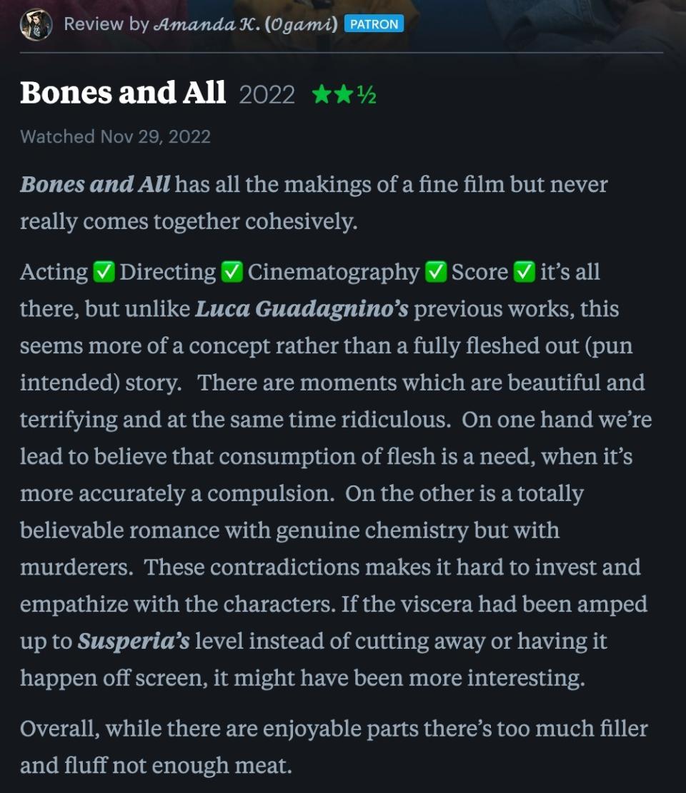 2.5 star Letterboxd review for "Bones And All"