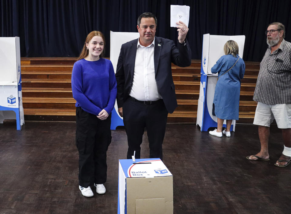 Democratic Alliance (DA) leader John Steenhuisen, holds his ballot at a polling station in Durban, South Africa, Wednesday, May 29, 2024. South Africans have begun voting in an election seen as their country's most important in 30 years, and one that could put their young democracy in unknown territory. (AP Photo/Str)