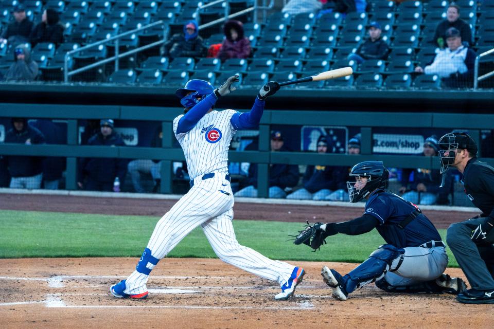 Iowa Cubs infielder Luis Vazquez bats during a game against the Toledo Mud Hens at Principal Park on April 2 in Des Moines. Vazquez is making a strong push to get a chance in the big leagues this season.