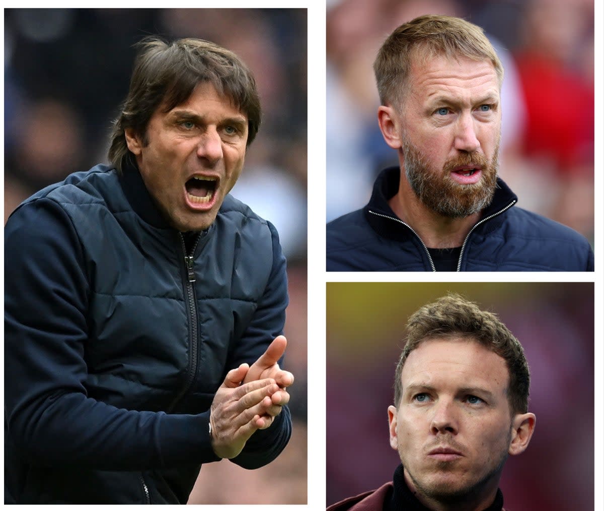 Antonio Conte, Graham Potter and Julian Nagelsmann are all out of work (Getty Images/PA/Reuters)