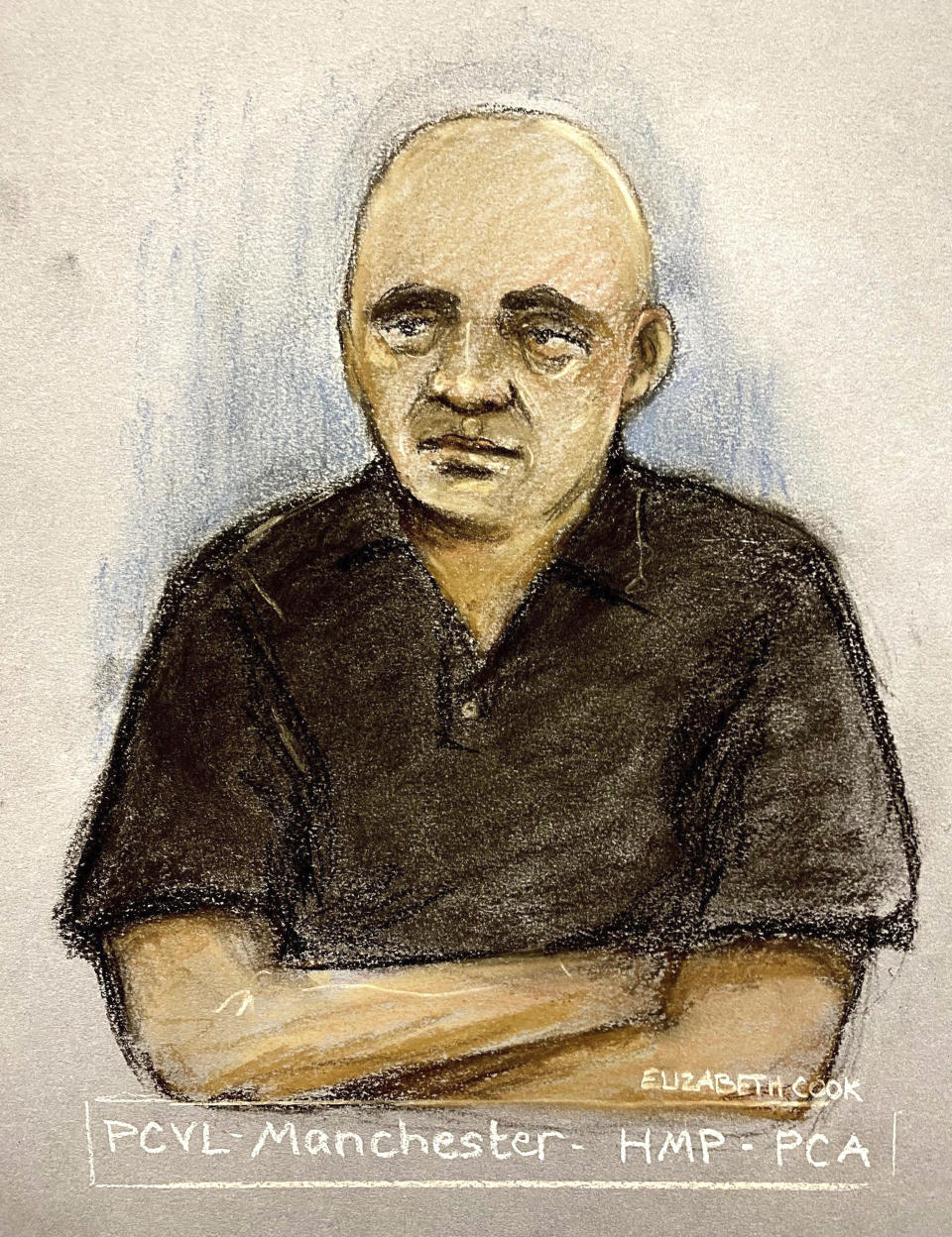 Court artist sketch by Elizabeth Cook of Bulgarian national Bizer Dzhambazov, appearing via video link at Westminster Magistrates' Court, London, charged with spying for Russia, Tuesday Sept. 26, 2023. Five Bulgarians living in the U.K. who were charged with spying for Russia appeared Tuesday in court for a brief hearing. (Elizabeth Cook/PA via AP)