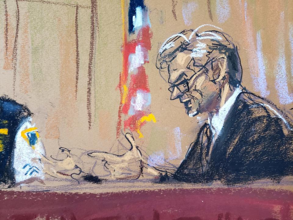 A courtroom sketch shows Justice Juan Merchan speaking during the arraignment of Donald Trump in New York City on April 4, 2023.