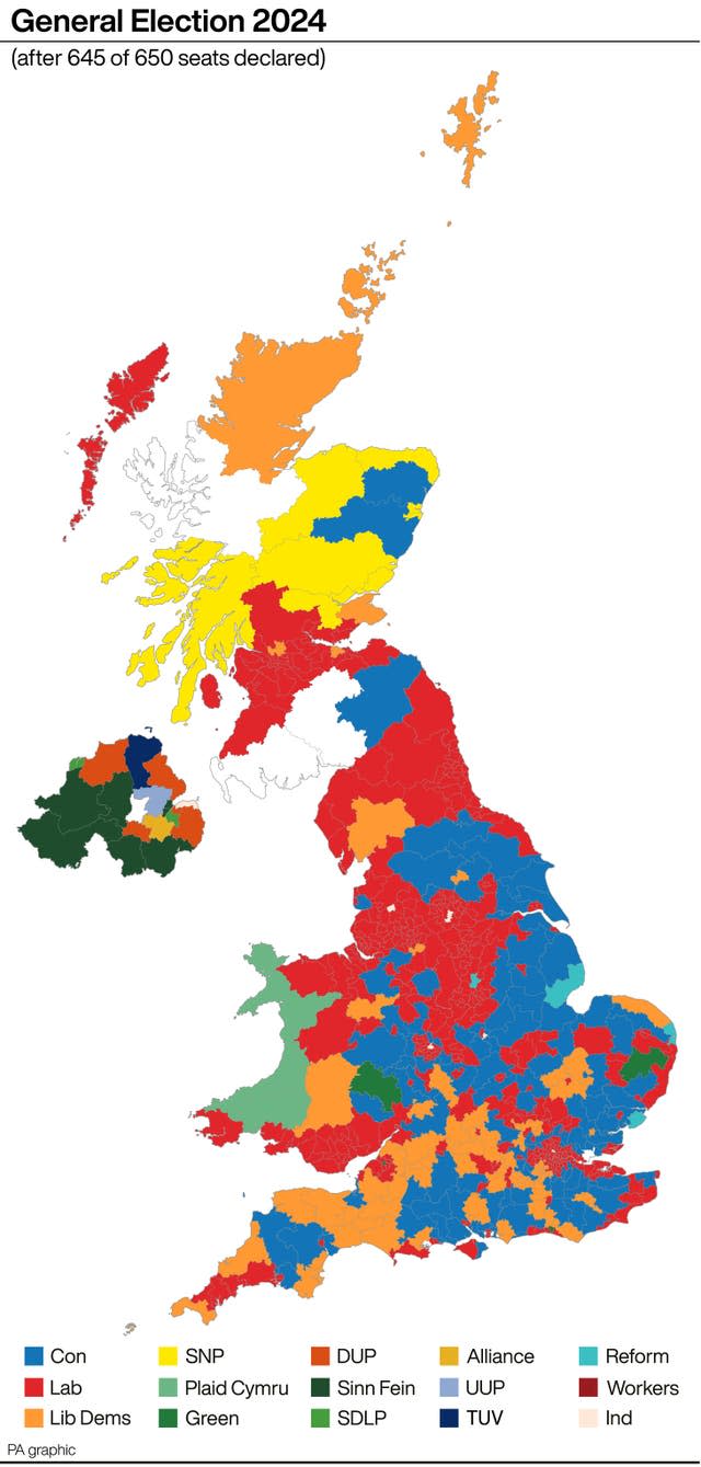 PA graphic of General Election 2024 seats after 645 of 650 seats declared