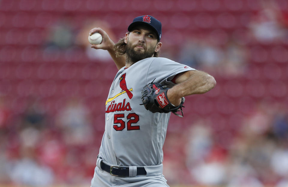 St. Louis Cardinals starting pitcher Michael Wacha throws to a Cincinnati Reds batter during the first inning of a baseball game Thursday, Aug. 15, 2019, in Cincinnati. (AP Photo/Gary Landers)