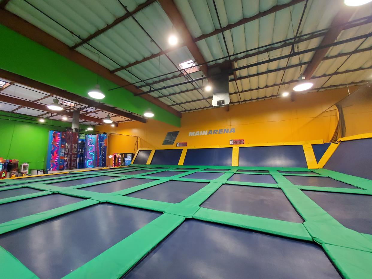 Trampoline floors and walls are visible at the Rockin Jump indoor trampoline park in Concord, California, August 21, 2021. (Photo by Smith Collection/Gado/Getty Images)