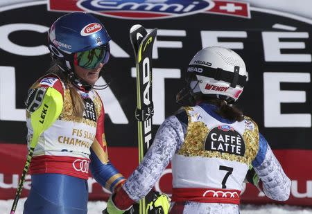 Alpine Skiing - FIS Alpine Skiing World Championships - Women's Slalom - St. Moritz, Switzerland - 18/2/17 - Mikaela Shiffrin (L) of the USA talks with Wendy Holdener of Switzerland in the finish area. REUTERS/Stefano Rellandini