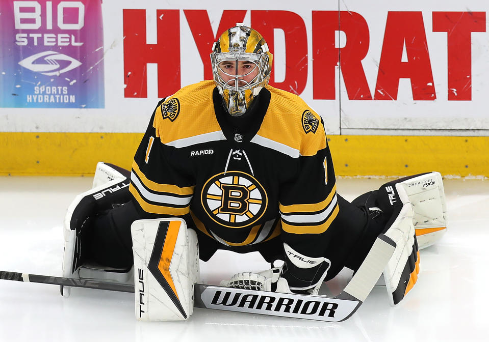 Boston, MA - April 30: Boston Bruins goalie Jeremy Swayman stretches before the game. The Bruins lost to the Florida Panthers, 4-3, in Game 7 of their Eastern Conference First Round Series. (Photo by John Tlumacki/The Boston Globe via Getty Images)