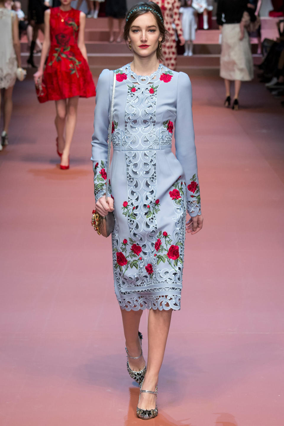 <p>A model struts down the runway in pair of sequin mary janes from the Italian-based luxury brand. Photo: IMAXtree</p>