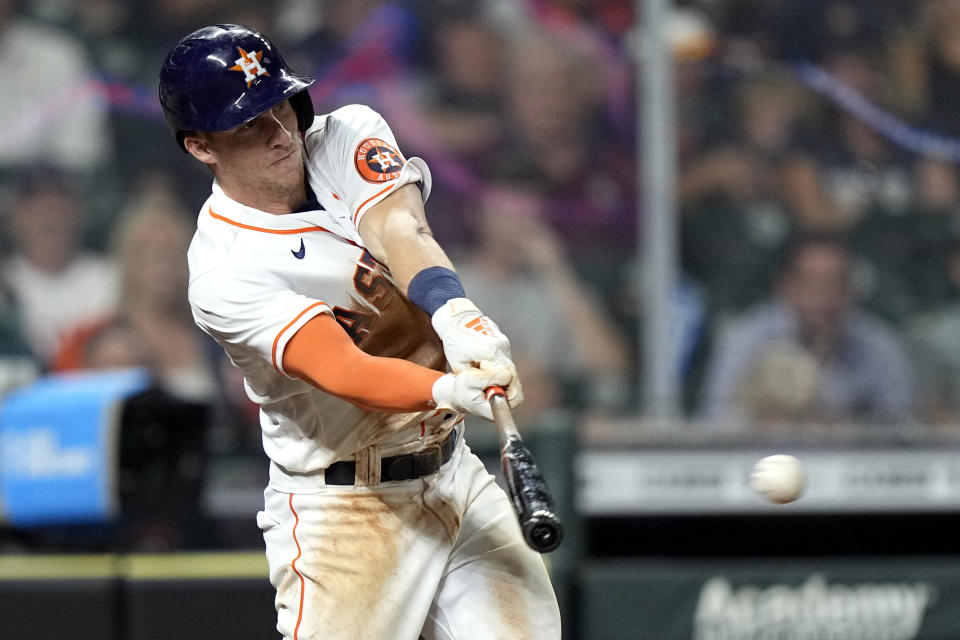 Houston Astros' Myles Straw hits a RBI-double against the Los Angeles Angels during the fifth inning of a baseball game Monday, May 10, 2021, in Houston. (AP Photo/David J. Phillip)