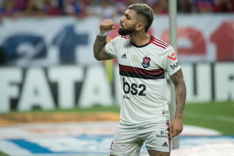 Flamengo's Gabriel Barbosa celebrates after scoring his first goal during Brazilian Championship Serie A soccer match between Fortaleza CEIF and Clube de Regatas do Flamengo at Arena Castelao. Olympic champion footballer Gabriel Barbosa has been banned for two years by Brazil's Anti-Doping Sports Court of Justice in connection with a doping test procedure last year. Alexandre Vidal/Clube de Regatas do Flamengo/dpa