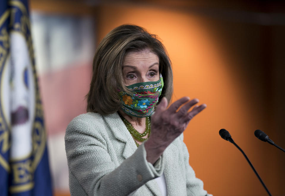 Speaker of the House Nancy Pelosi, D-Calif., the top Democrat in Congress, meets with reporters the day after advancing sweeping voting and ethics legislation, and passing the George Floyd Justice in Policing Act, at the Capitol in Washington, Thursday, March 4, 2021. Pelosi also said the National Guard troops protecting the Capitol should stay as long as they are needed amid a new threat of another mob attack today. (AP Photo/J. Scott Applewhite)