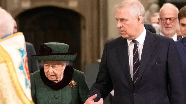 On March 29, Queen Elizabeth was accompanied by her son Prince Andrew for the Service of Thanksgiving honoring her late husband Prince Philip. <span class="copyright">Getty Images</span>