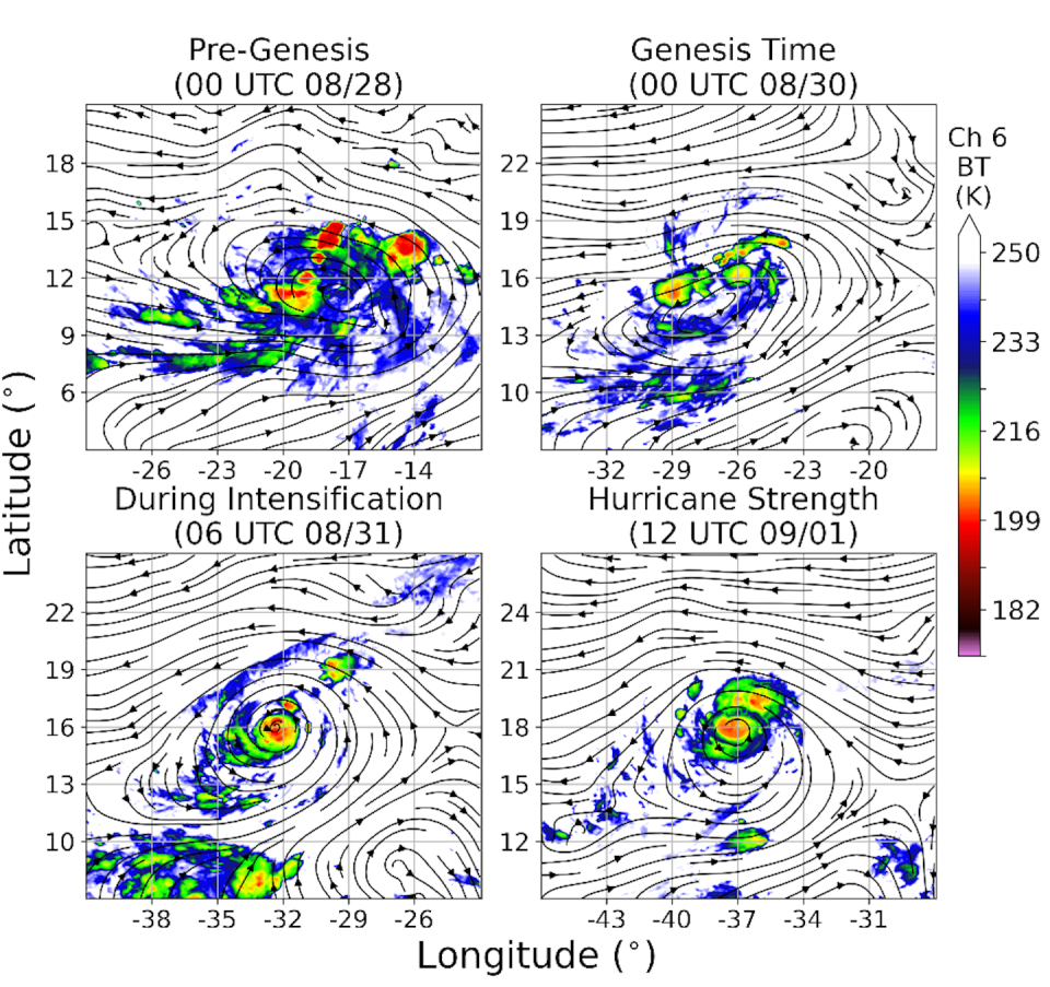 Four images show different stages of Hurricane Irma's formation, from a disorganized group of storms to a single hurricane.