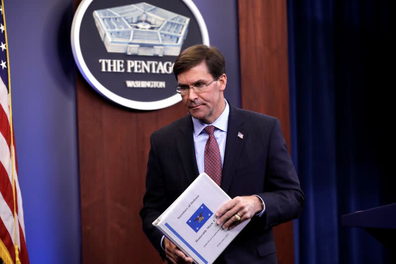 FILE PHOTO: Defense Secretary Mark Esper briefs the media at Pentagon