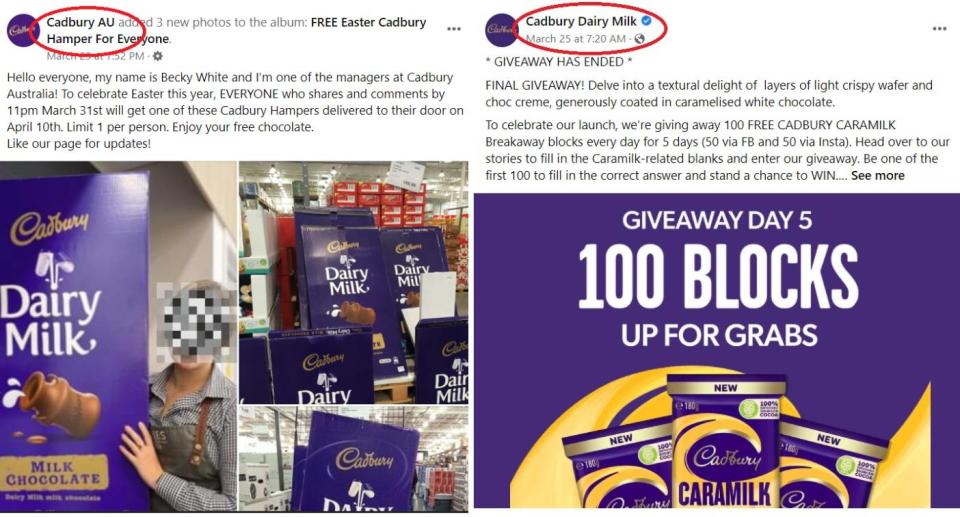 Official Cadbury competitions will always be run by an account verified with a blue tick. Source: Facebook