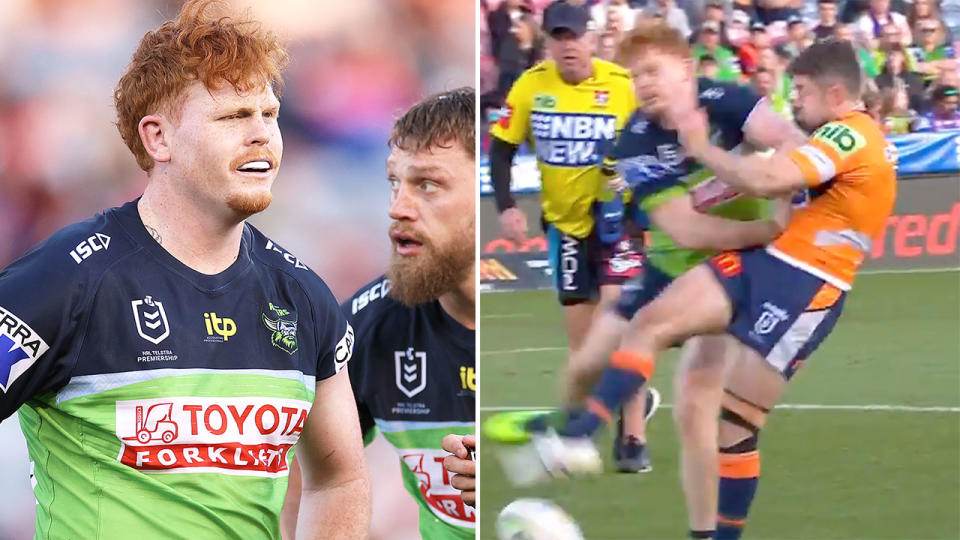 Pictured right, Canberra's Corey Horsburgh puts kick pressure on Newcastle half Adam Clune during their match on Sunday.