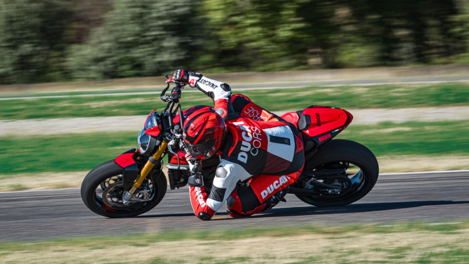 The Ducati Monster SP being aggressively ridden.