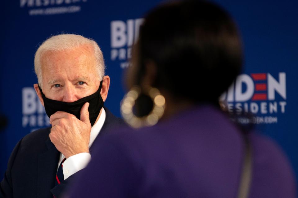 Democratic presidential candidate Joe Biden holds a roundtable meeting on reopening the economy with community leaders at the Enterprise Center in Philadelphia, Pennsylvania, on June 11, 2020. (Photo by JIM WATSON / AFP) (Photo by JIM WATSON/AFP via Getty Images)