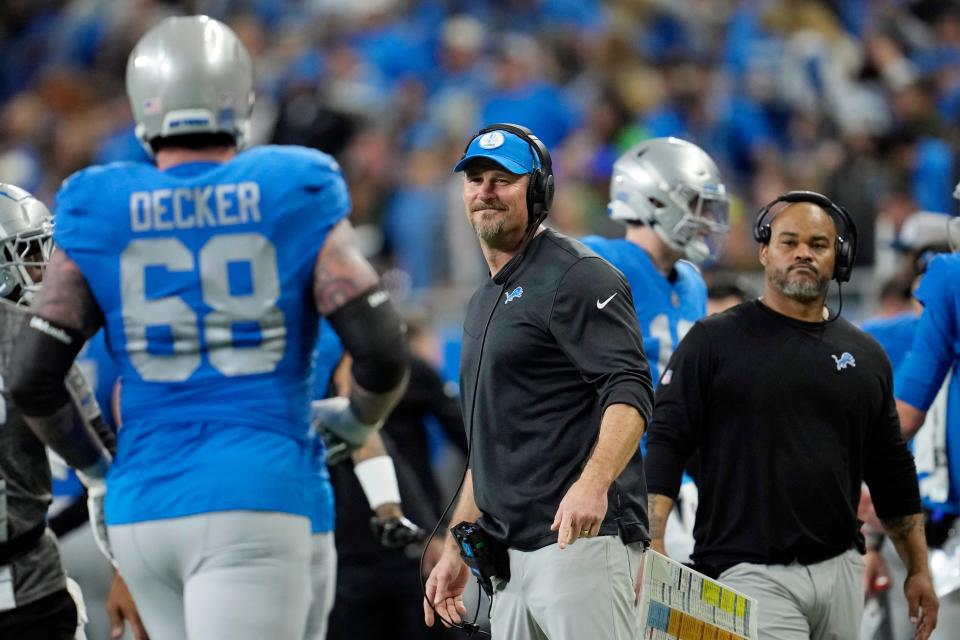 Lions head coach Dan Campbell smiles on the sideline during the second half against the Bears on Jan. 1, 2023, in Detroit.