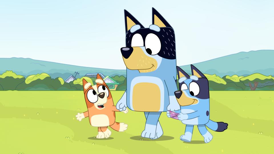 Bluey, a 6-year-old puppy, heads to the market with her dad, Bandit, and little sister, Bingo, during an episode of "Bluey."