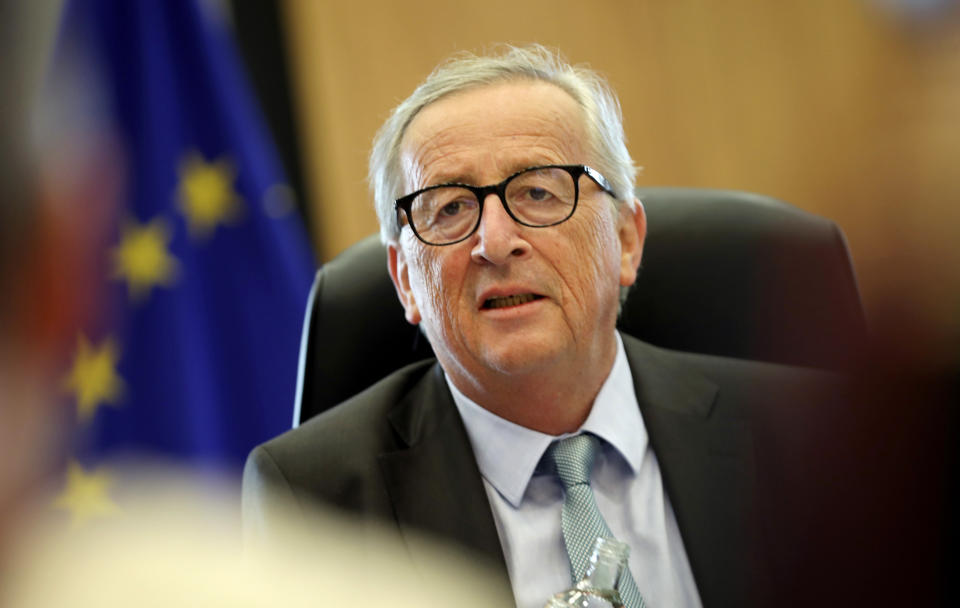 European Commission President Jean-Claude Juncker chairs a weekly meeting of the College of Commissioners at EU headquarters in Brussels, Wednesday, Sept. 4, 2019. The European Union says so far it has received no proposals from the British government aimed at overcoming the impasse in Brexit talks. (AP Photo/Francisco Seco)