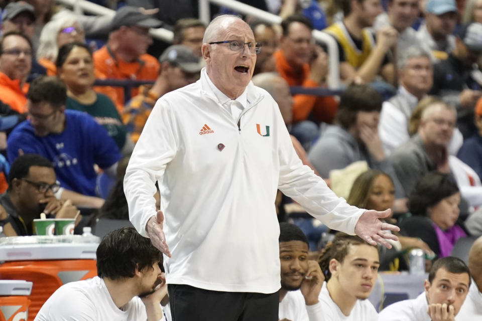 Miami head coach Jim Larranaga reacts to a call during the first half of an NCAA college basketball game against Duke at the Atlantic Coast Conference Tournament in Greensboro, N.C., Friday, March 10, 2023. (AP Photo/Chuck Burton)