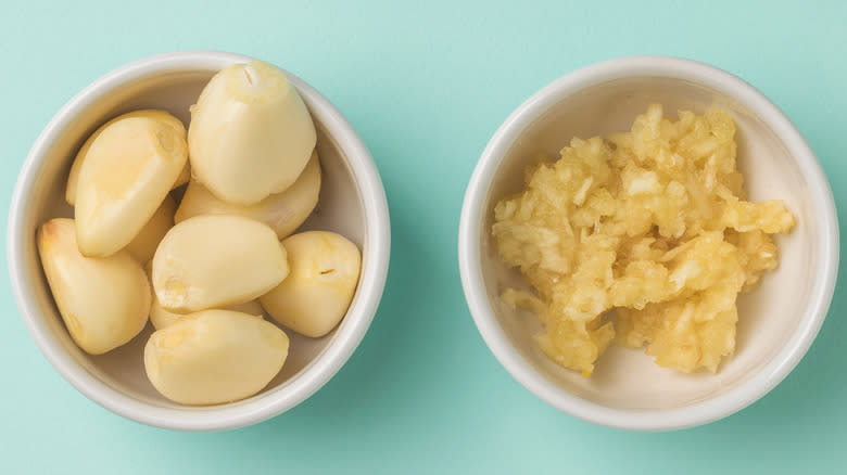 bowls of Garlic cloves and grated garlic