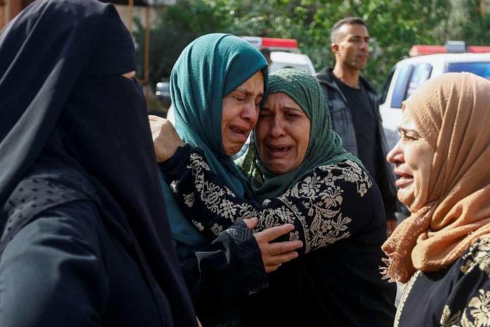 PHOTO: Mourners attend the funeral of Palestinians from the al-Astal family, who were killed in Israeli strikes, in Khan Younis, in the southern Gaza Strip, Oct. 22, 2023. (Ibraheem Abu Mustafa/Reuters)