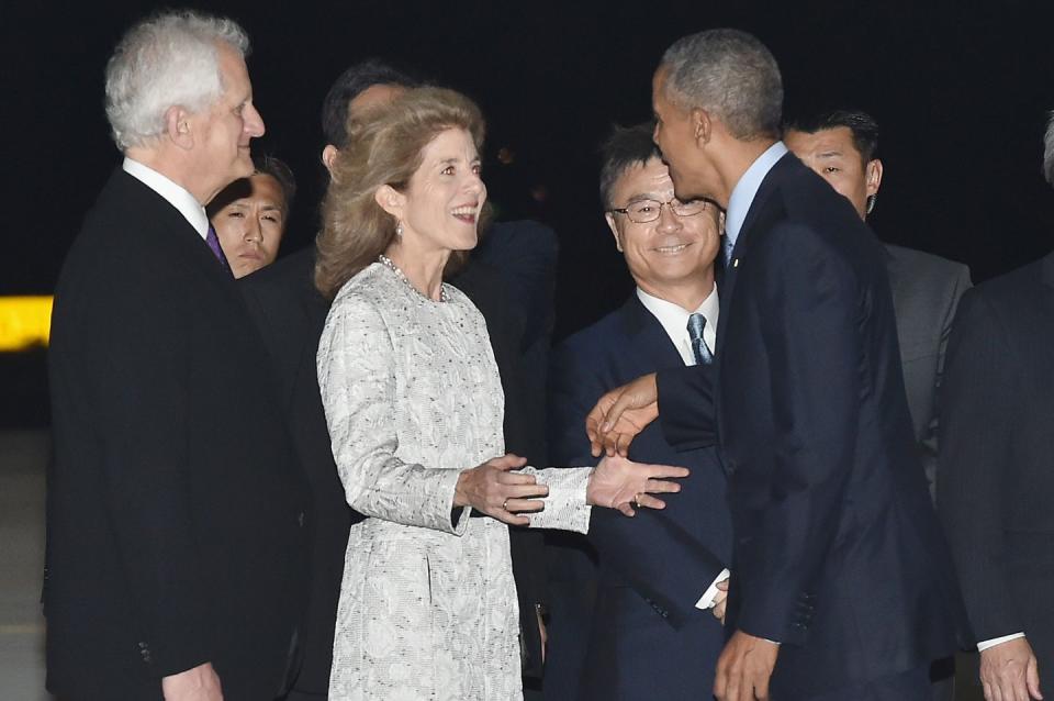 <p>President Barack Obama is welcomed by U.S. Ambassador Caroline Kennedy and her husband Ed Schlossberg upon arrival at the Chubu Centrair International Airport on May 25, 2016 in Nagoya, Japan.</p>