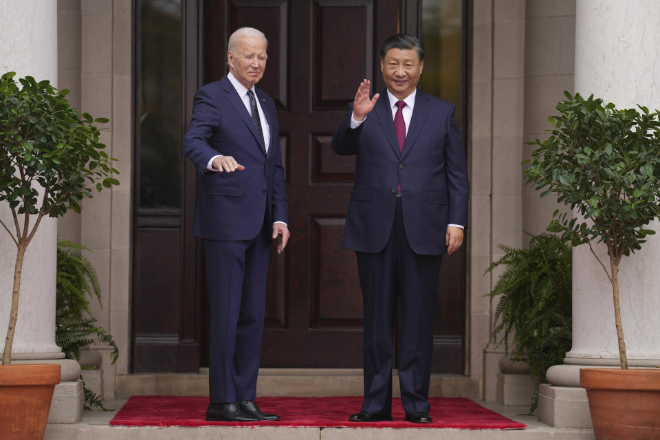 President Joe Biden greets China’s President President Xi Jinping at the Filoli Estate in Woodside, Calif., Wednesday, Nov, 15, 2023, on the sidelines of the Asia-Pacific Economic Cooperative conference. (Doug Mills/The New York Times via AP, Pool)