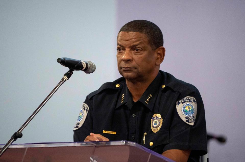 West Palm Beach Police Chief Adderley answers questions during a town hall meeting at New Bethel Missionary Baptist Church in West Palm Beach, Florida on January 31, 2023.