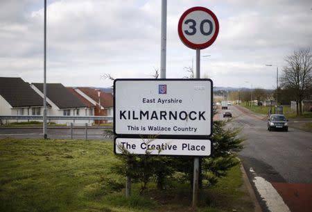 A welcome sign is posted on the outskirts of Kilmarnock, Scotland March 27, 2014. REUTERS/Suzanne Plunkett