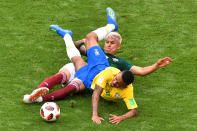 <p>Brazil’s forward Gabriel Jesus (R) is tackled by Mexico’s defender Carlos Salcedo during the Russia 2018 World Cup round of 16 football match between Brazil and Mexico at the Samara Arena in Samara on July 2, 2018. (Photo by SAEED KHAN / AFP) </p>