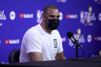 Boston Celtics head coach Ime Udoka speaks to members of the media during NBA basketball practice in San Francisco, Wednesday, June 1, 2022. The Golden State Warriors are scheduled to host the Boston Celtics in Game 1 of the NBA Finals on Thursday. (AP Photo/Jed Jacobsohn)