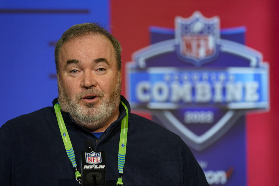Dallas Cowboys head coach Mike McCarthy speaks during a press conference at the NFL football scouting combine in Indianapolis, Tuesday, March 1, 2022. (AP Photo/Michael Conroy)