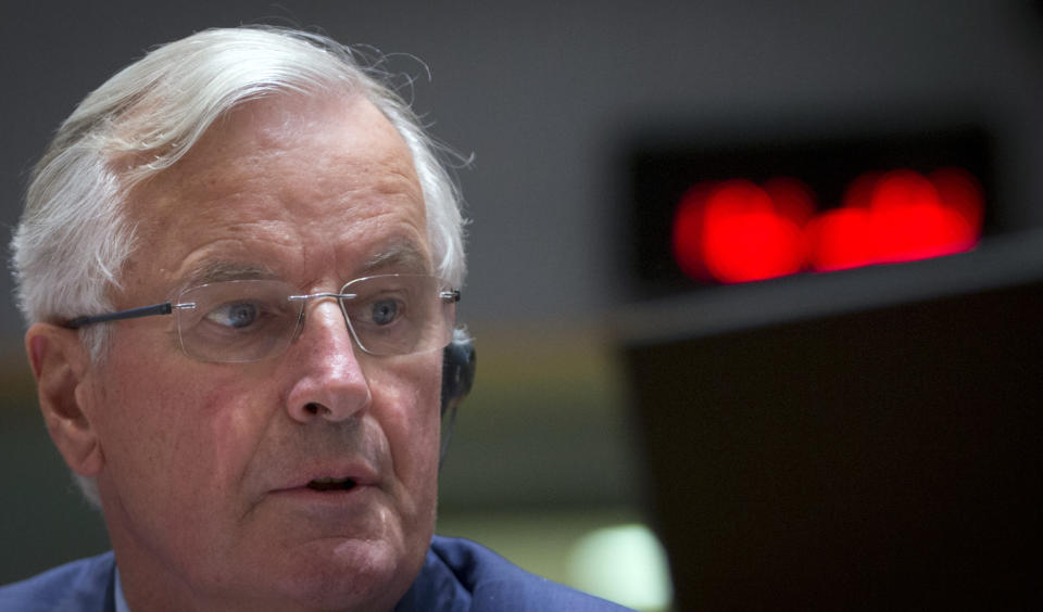 EU chief Brexit negotiator Michel Barnier waits for the start of a General Affairs Article 50 Council at the Europa building in Brussels, Tuesday, Sept. 18, 2018. A top European Union official on Tuesday said Britain and the EU could yet fail to reach an agreement on the terms of their divorce, just six months before the U.K. is due to leave the bloc. (AP Photo/Virginia Mayo)