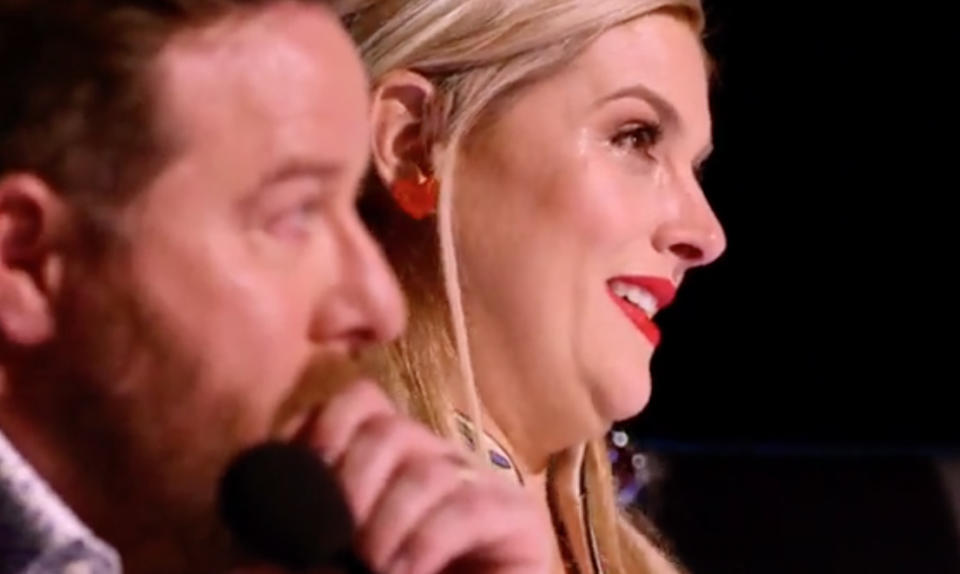  Shane Jacobson and Lucy Durack shown with tears in their eyes.