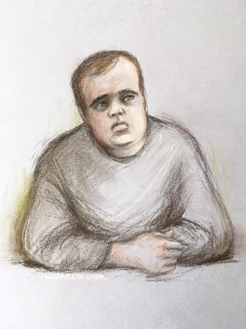 Court artist sketch of Matthew Selby appearing at Mold Crown Court charged with the murder of his sister Amanda (Elizabeth Cook/PA) (PA Wire)