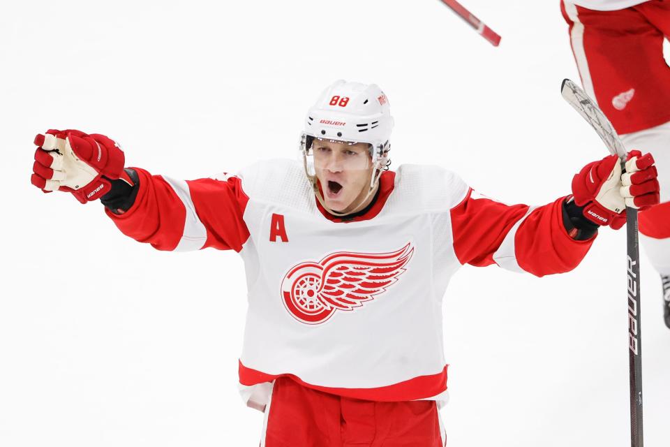 Detroit Red Wings right wing Patrick Kane celebrates after scoring the winning goal against the Chicago Blackhawks in overtime at United Center in Chicago on Sunday, Feb. 25, 2024.