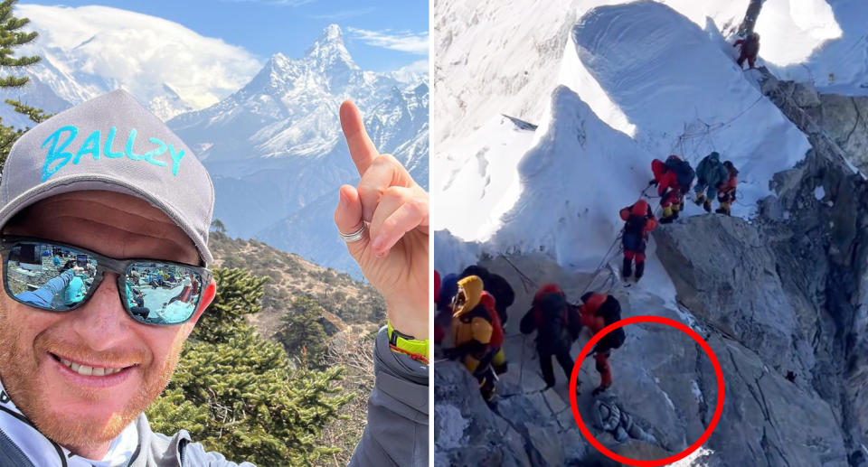 A photo of Queensland mountaineer Luke Rollnik pointing to Mount Everest from below. A photo of him at the summit, videoing people coming up, and how there is a dead body right next to them.