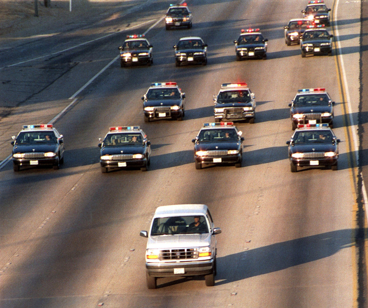 Highway Patrol chases O.J. Simpson in a white Ford Bronco on the freeway on June 17, 1994.