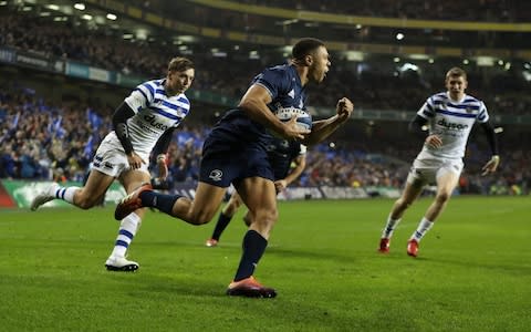 Adam Byrne of Leinster celebrates as he scores his team's fourth try - Credit: GETTY IMAGES